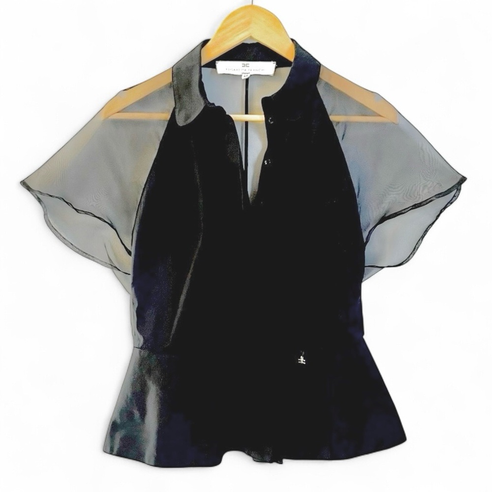 Elisabetta Franchi Black Short Sleeved Sheer Organza Button Up Peplum Blouse 2